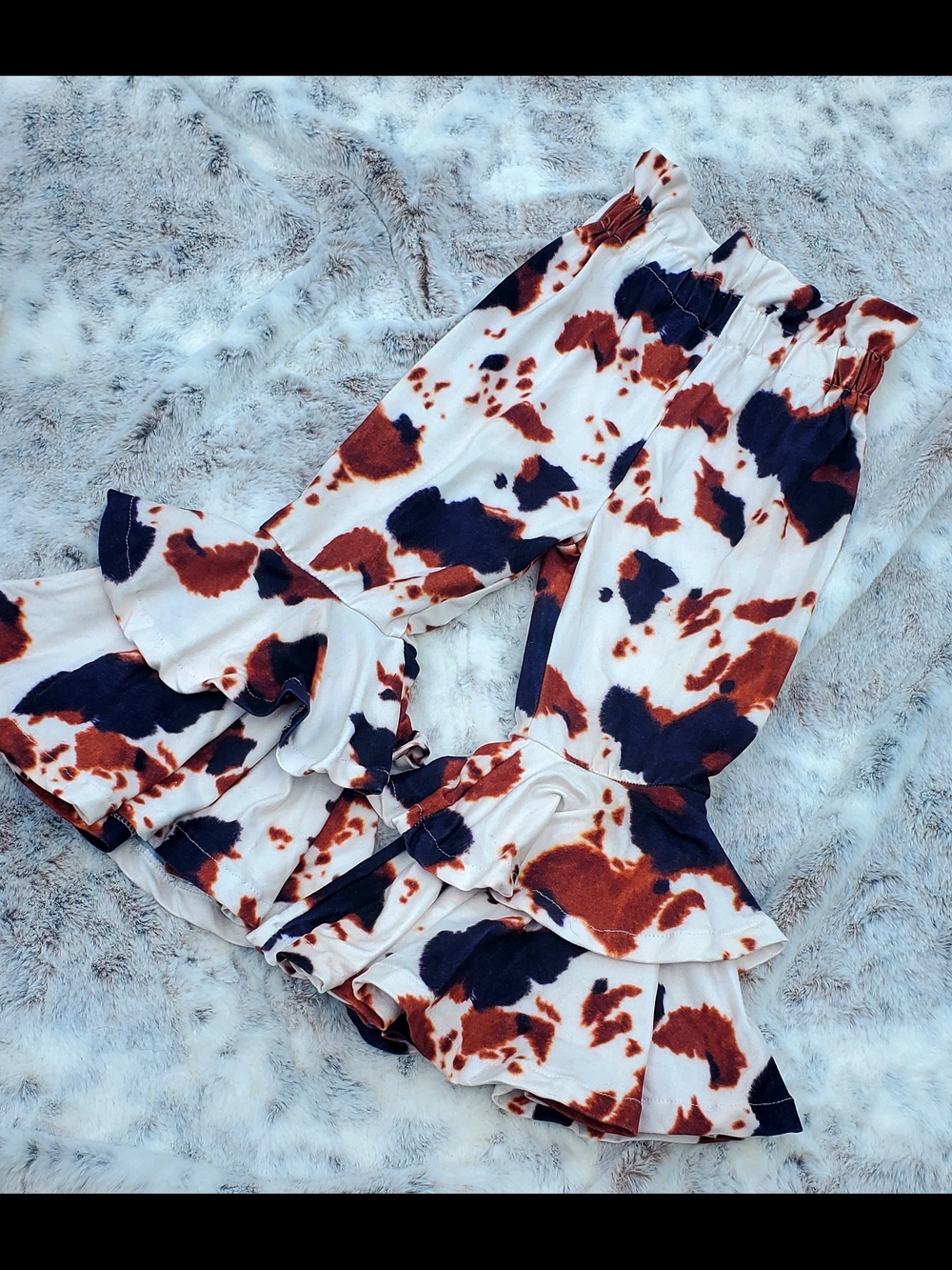 Ruffled Cow Print Flare Pants in White, Rust & Black 2T